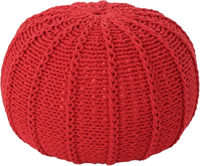 Agatha Knitted Cotton Pouf, Beige Small