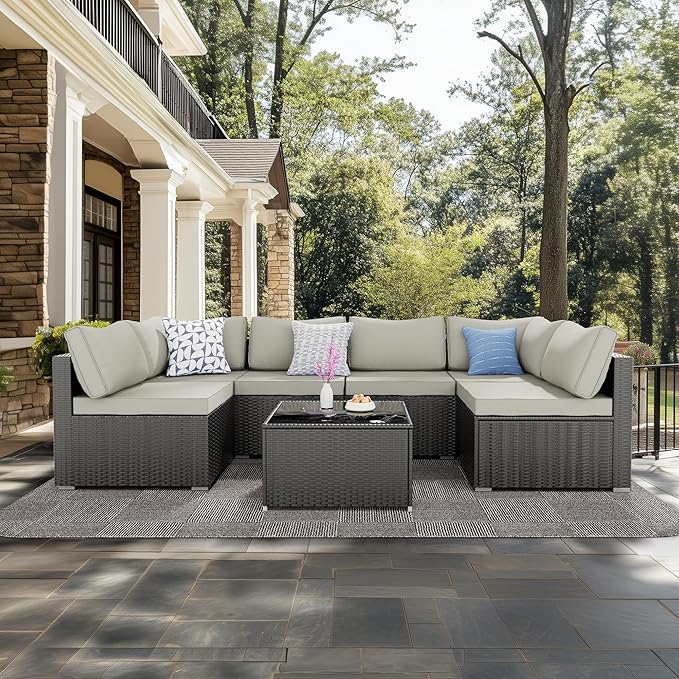 7 Pieces Patio Furniture Set - Outdoor Sectional Wicker Rattan Furniture