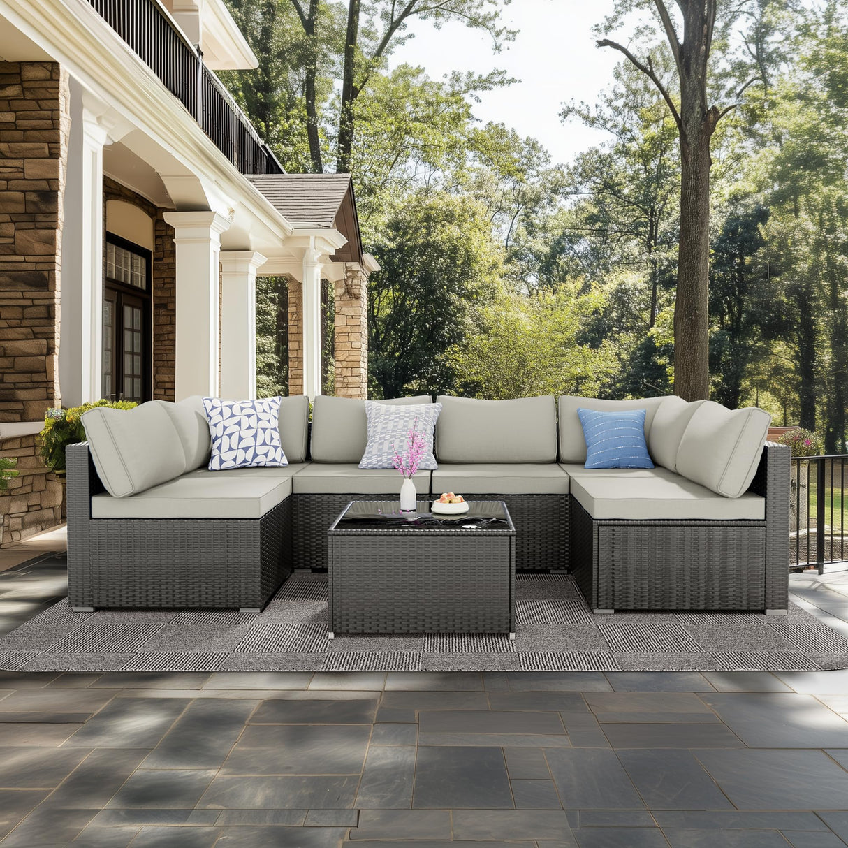 7 Pieces Patio Furniture Set - Outdoor Sectional Wicker Rattan Furniture