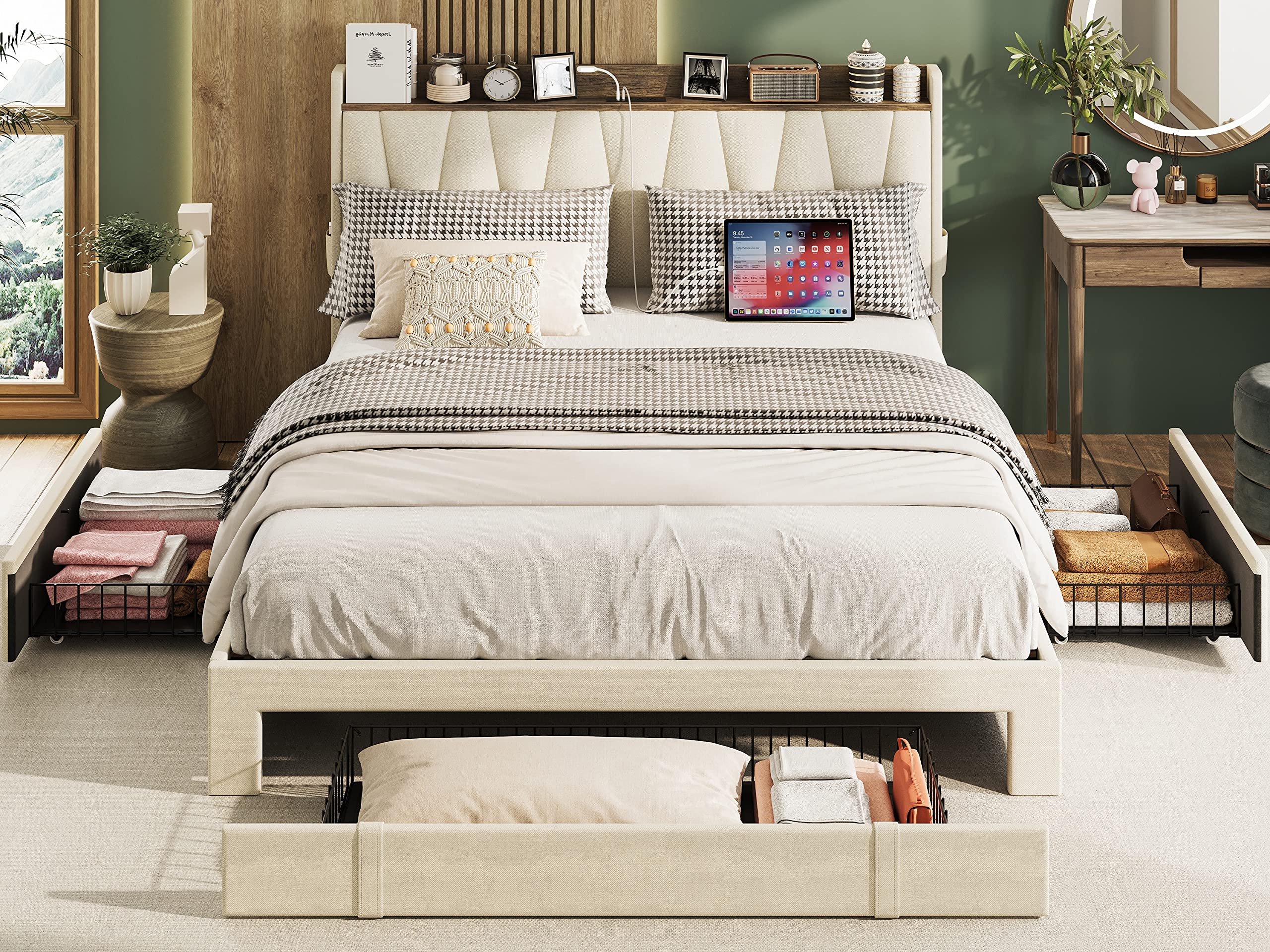 Queen Bed Frame with 3 Drawers, Upholstered Platform Bed