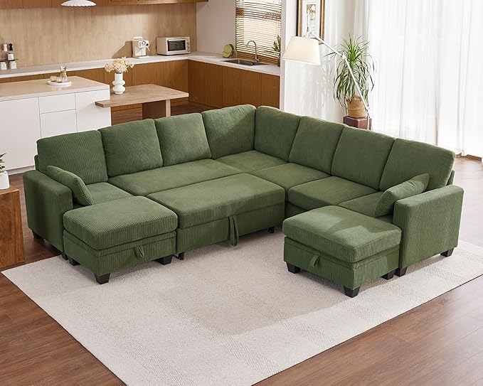 Modular Sofa with Pull Out Bed, Corduroy Sectional Convertible U-Shaped Sleeper