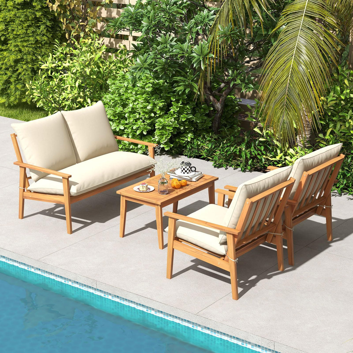 4 Pieces Patio Furniture Set, Outdoor Acacia Wood Conversation Set