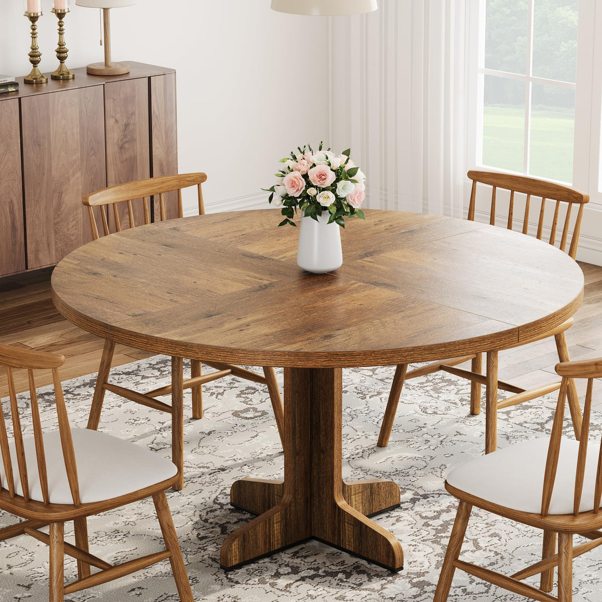 Round Dining Table for 4, 47 Inches Circle Dining Room Table with Wooden Base for Kitchen
