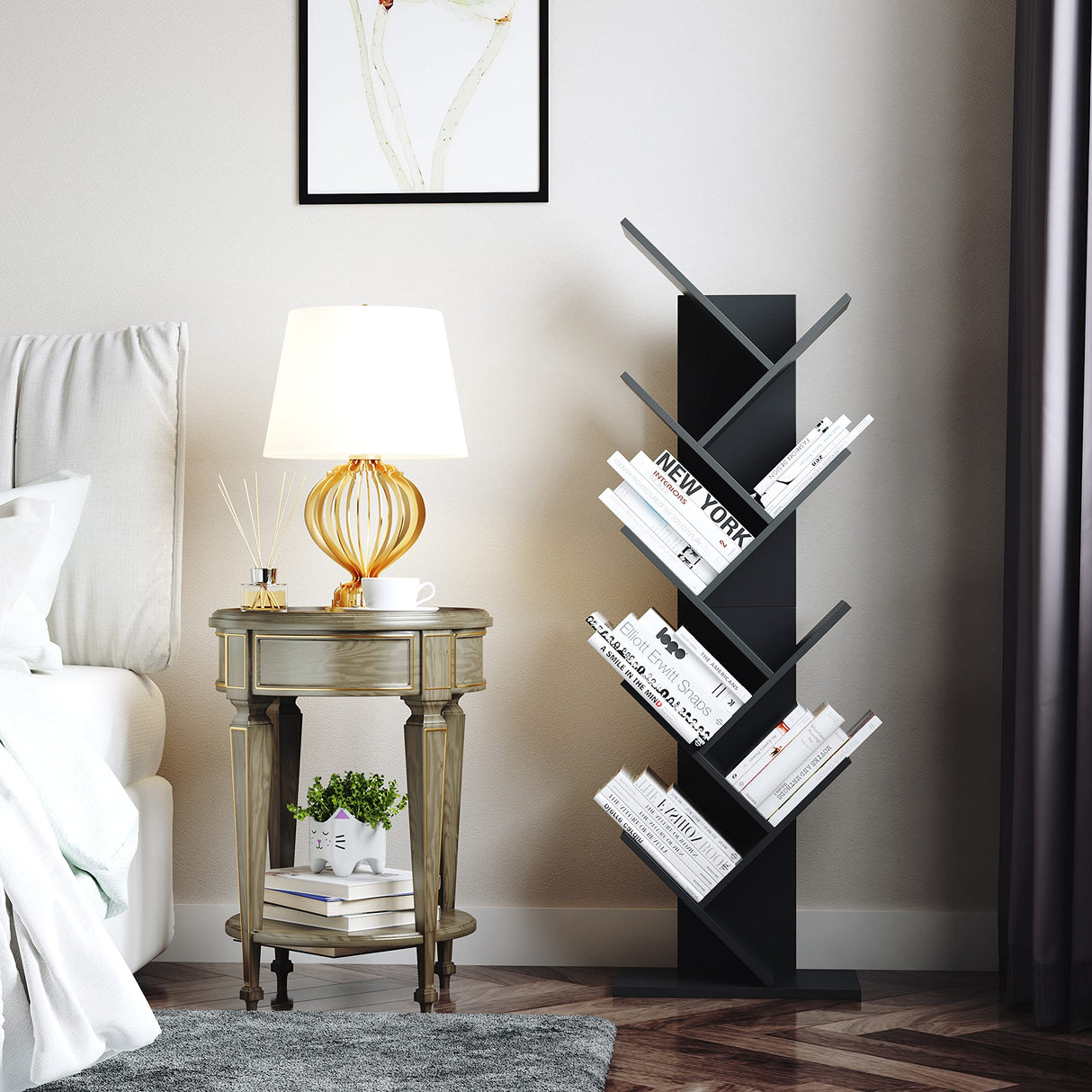 Yusong Tree Bookshelf, Floor Standing Bookcase with Steel Pipe for Living Room Bedroom, Shelves for Home Office (Black2, 9 Tier)