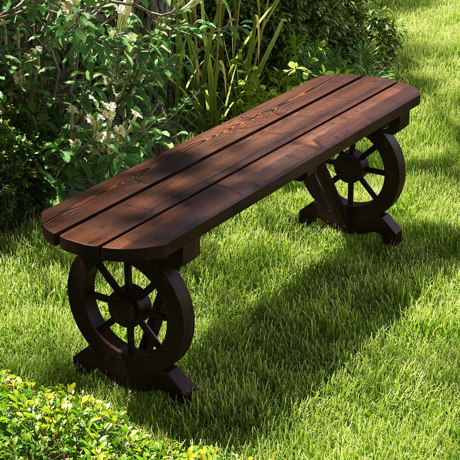 Patio Rustic Wood Bench, Carbonized Wood Long Bench with Wagon Wheel Basce