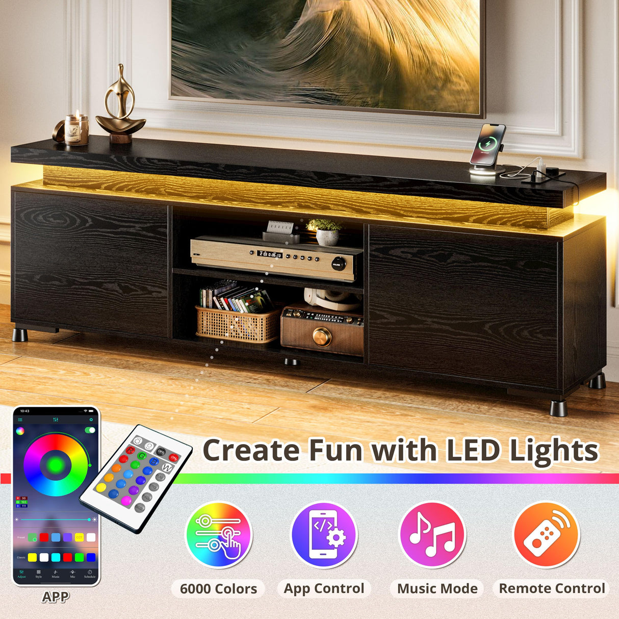 75 Inch TV Stand with LED Lights and Power Outlets