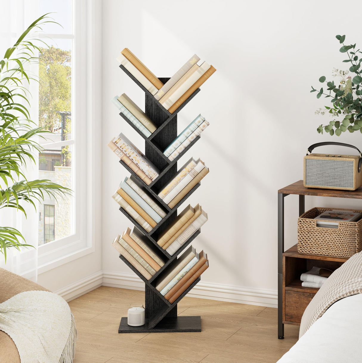 10 Tier Tree Bookshelf, 10 Shelf Bookcase, Free Standing Tree Bookcase, Display Floor Standing Shelf for Books