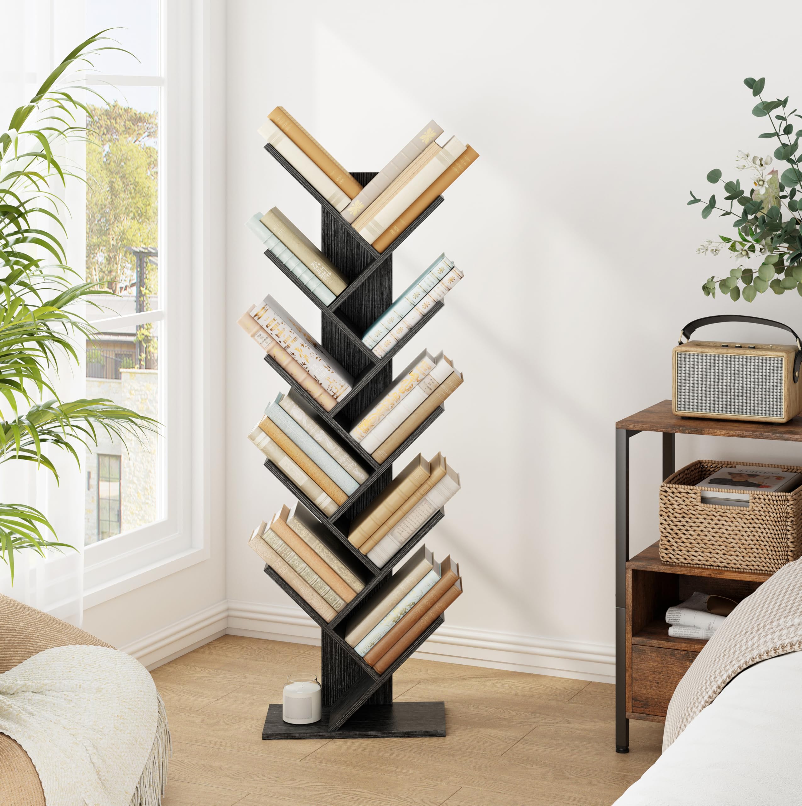 10 Tier Tree Bookshelf, 10 Shelf Bookcase, Free Standing Tree Bookcase, Display Floor Standing Shelf for Books