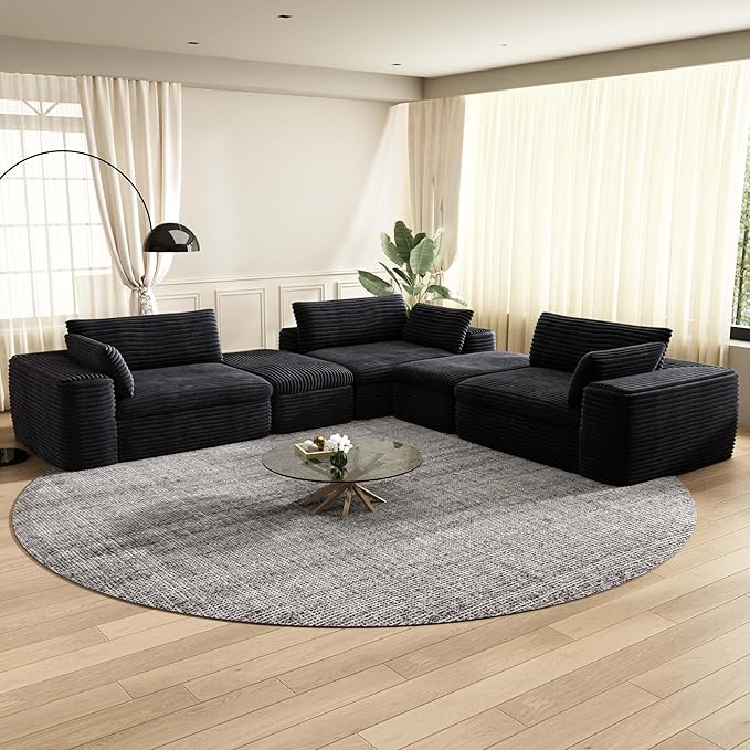 85'' Living Room Sectional Couch with Double Layer Black Plush Corduroy Fabric