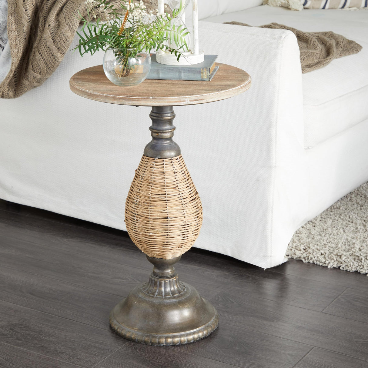 Wood Side End Accent Table End Table with Black Metal and Rattan Base