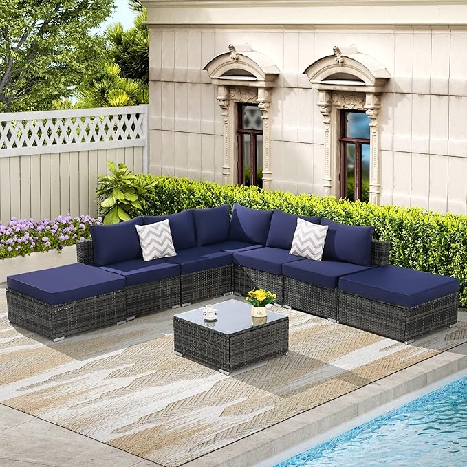 8-Piece Outdoor Patio Sectional Sofa Set with Glass Coffee Table - Light Gray Rattan
