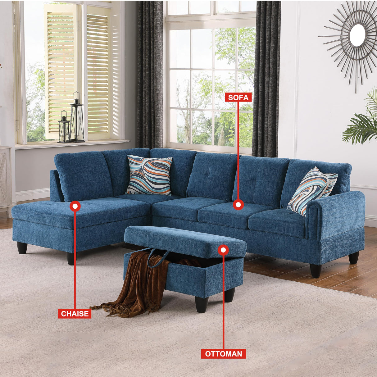 Living Room L Shaped Couch Upholstered Futon Sofa Comfy Flannel Modular Sofa 3-Piece Living Couch
