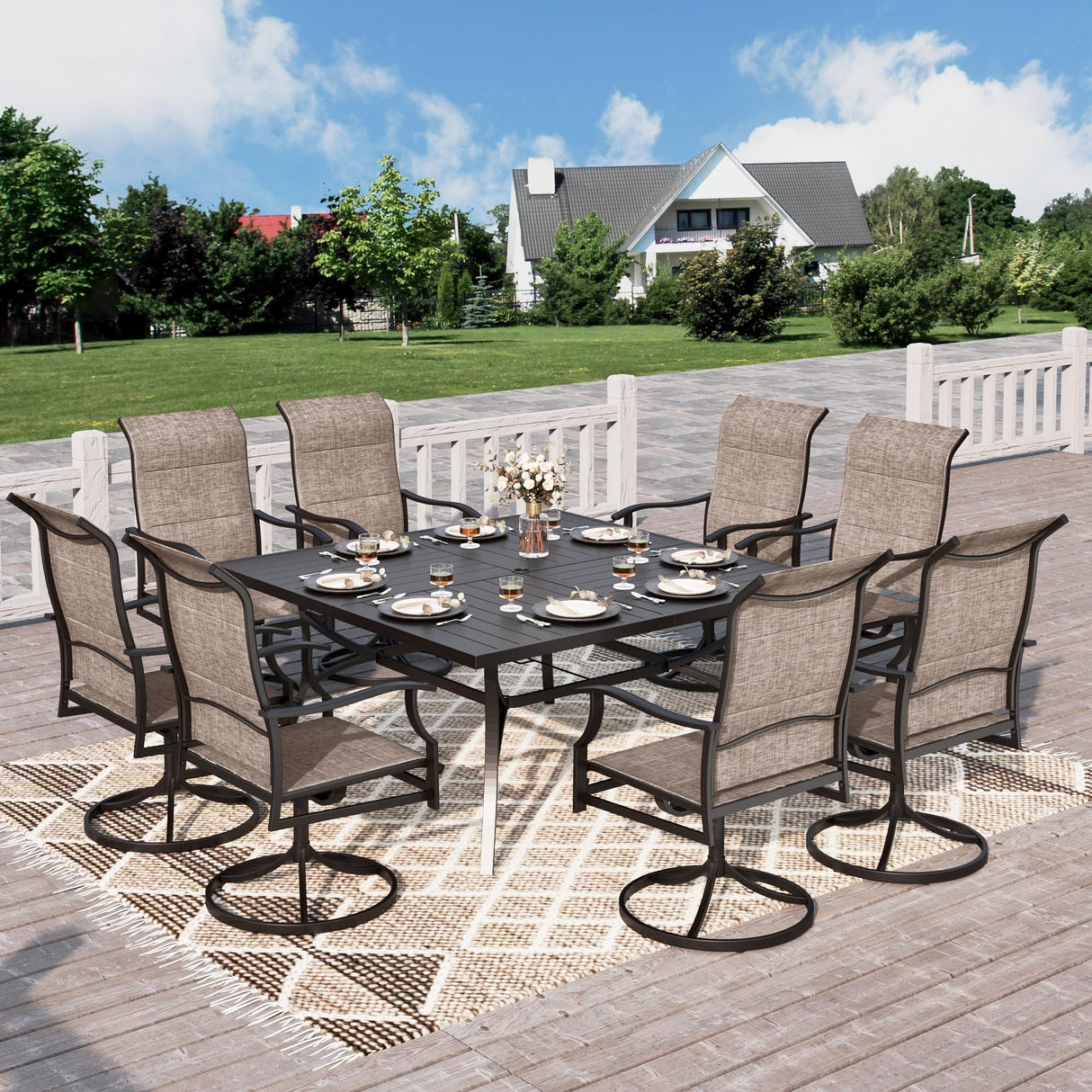 Outdoor Patio Dining Set of 9, 9 Piece Outdoor Table and Chairs Set of 1 Large Square Patio Table