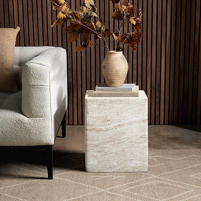 LuxenHome Outdoor Accent Side Table, 18'' Travertine-Style Outdoor Furniture