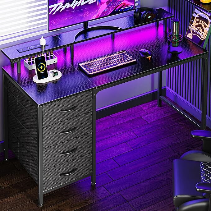 Inch Computer Desk with Power Outlets and LED Lights, Gaming Desk with 4 Drawers, Office Desk with Monitor Stand, Study Desk Work Desk for Home Office, Small Spaces, Black