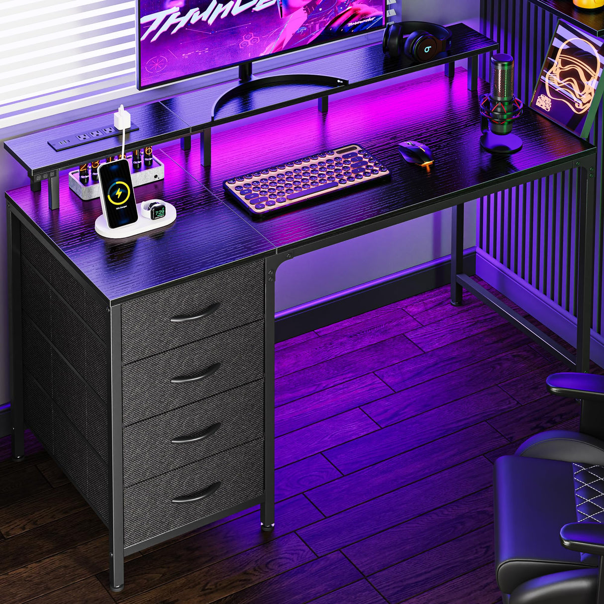 Inch Computer Desk with Power Outlets and LED Lights, Gaming Desk with 4 Drawers, Office Desk with Monitor Stand, Study Desk Work Desk for Home Office, Small Spaces, Black