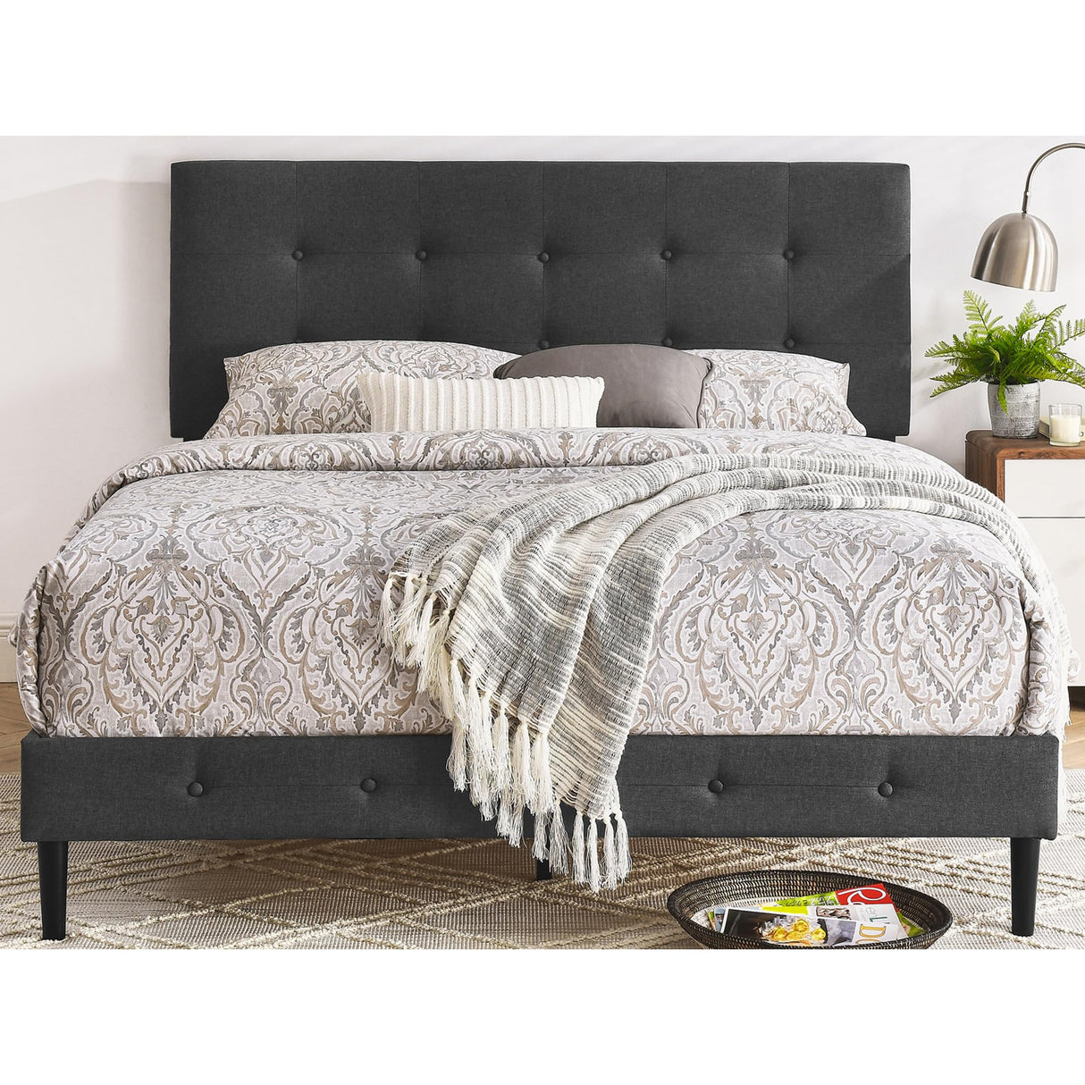 Cambridge Upholstered Wooden Platform Bed Frame, King Size, Dark Grey