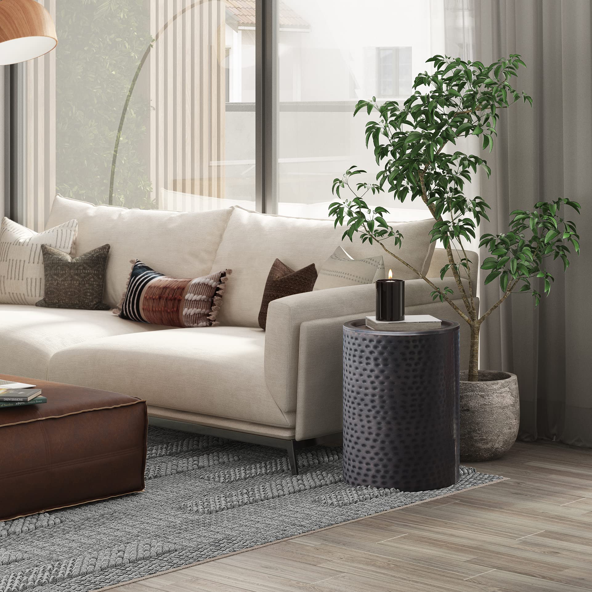 SIMPLIHOME Corbin 16 inch Wide Metal Side Table in Hammered Antique Copper, Round Drum Design End Table for Living Room, Family Room, or Entryway, Industrial Style, Assembled - Bircata