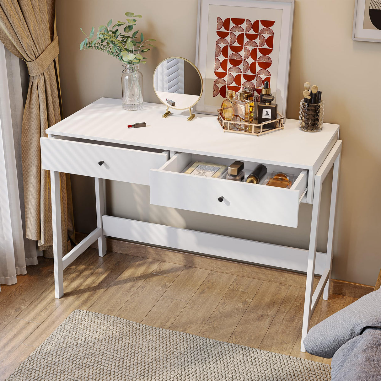 Home Office Desk with Drawers, Small Spaces Writing Desk with Storage for badroom, Work Desk for Home Office, Home Table, White