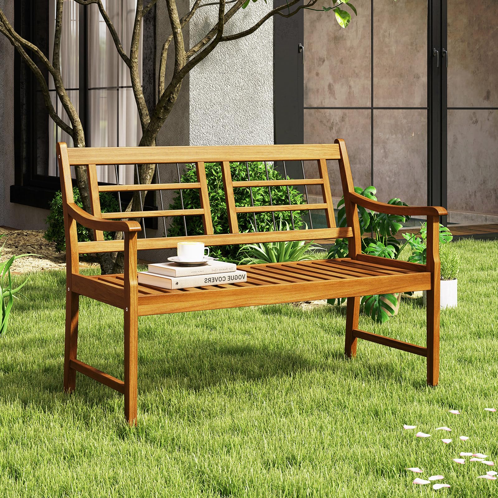 Patio Acacia Wood Bench, Wooden 2-Person Outside Chair w/Curved Armrests