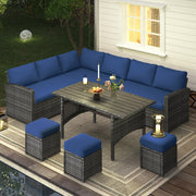 Patio Furniture Set with Cover, 7 Pieces Outdoor Sectional Sofa Conversation Set All Weather Wicker Rattan Couch Dining Table & Chair with Ottoman, Dark Blue