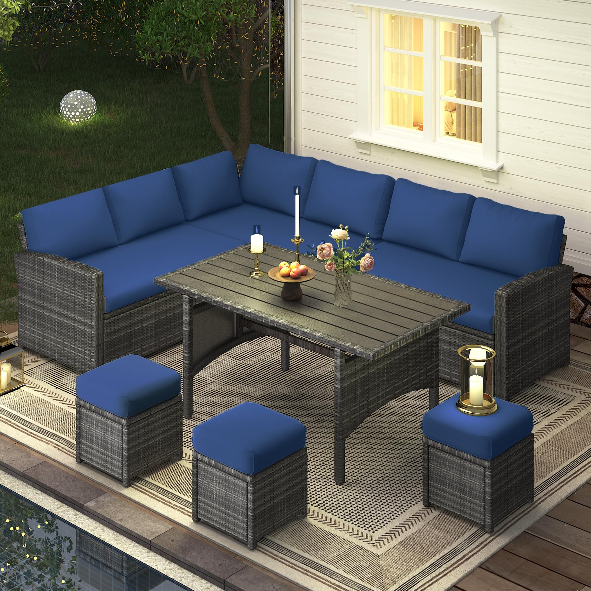 Patio Furniture Set with Cover, 7 Pieces Outdoor Sectional Sofa Conversation Set All Weather Wicker Rattan Couch Dining Table & Chair with Ottoman, Dark Blue