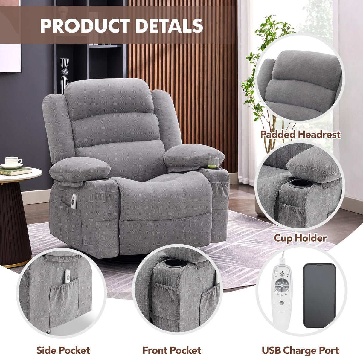 Relax360 – Swivel Rocker Recliner Chair with Massage, Heat & Cup Holders