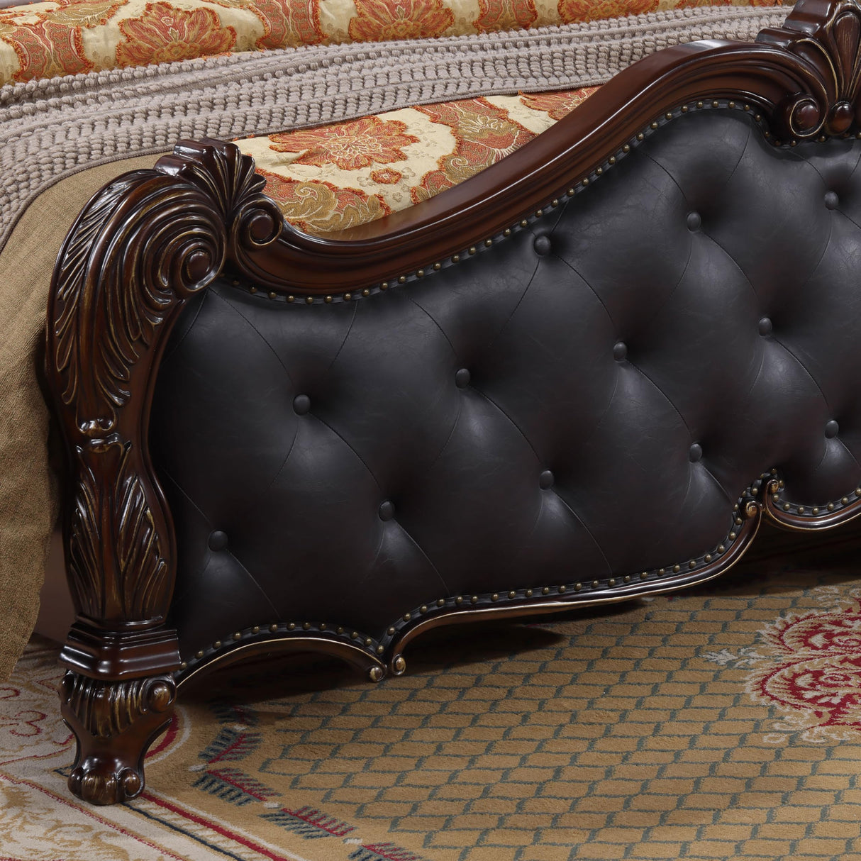 Agatha Traditional Wood Queen Bed Frame with Tufted Leatherette Headboard