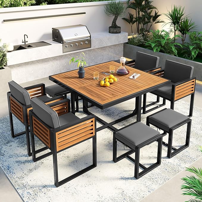 9 Pieces Outdoor Dining Set for 8 People, Acacia Wood Patio Furniture Sets