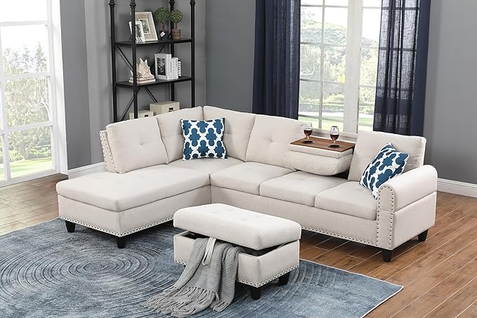 Shaped Sectional Couch with Storage Ottoman and 2 Cup Holders