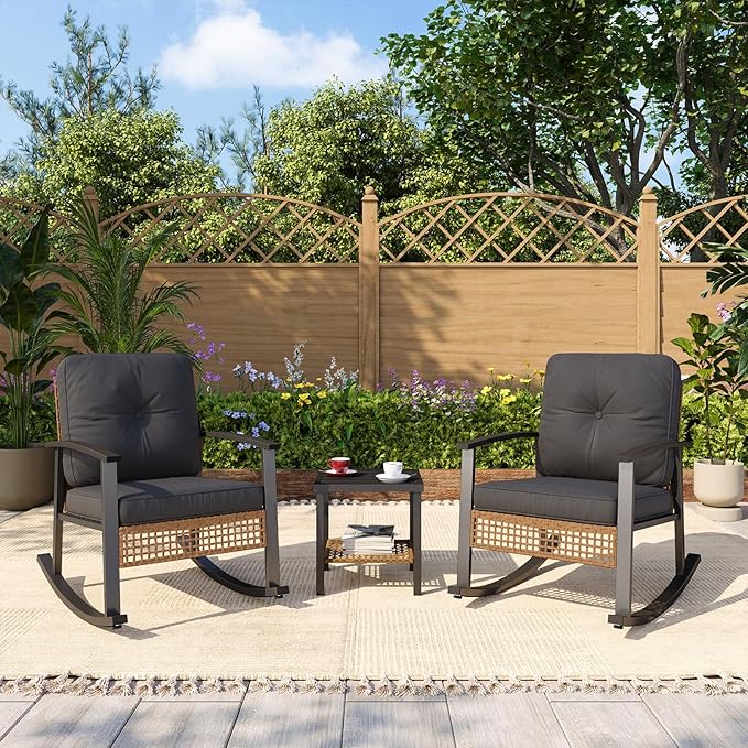 3-Piece Outdoor Rocking Bistro Set with Coffee Table and Cushioned Wicker Chairs