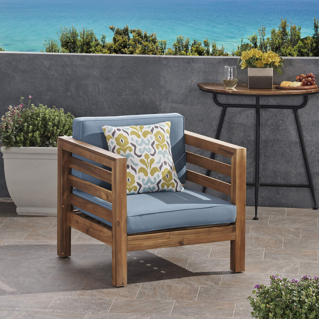 308364 Patio Dining Chairs, Teak Finish + Blue