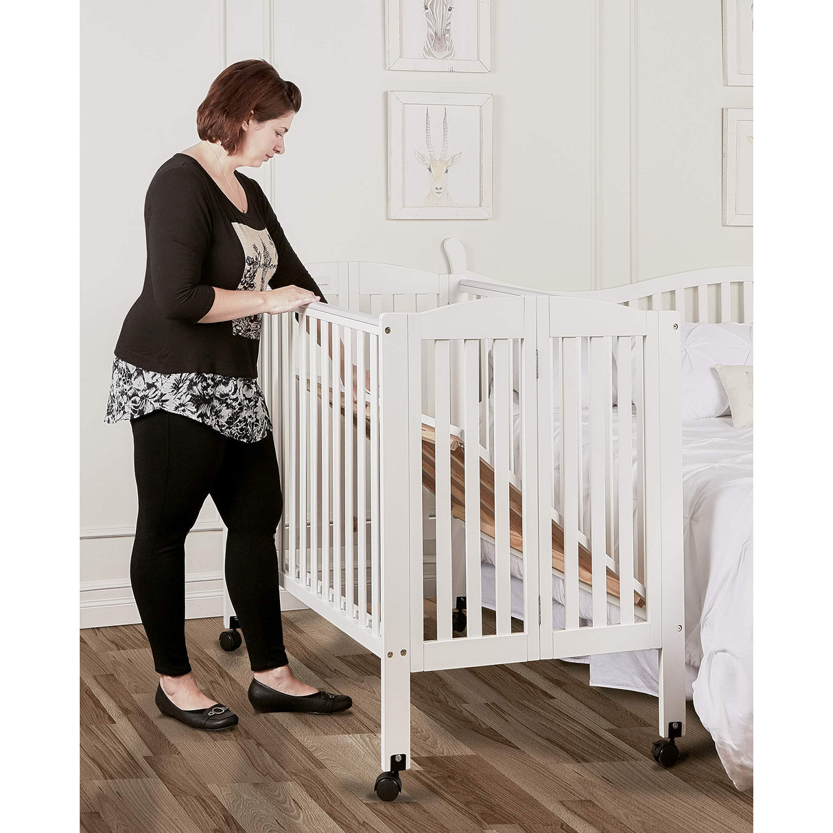 3 in 1 Portable Folding Stationary Side Crib in White, Greenguard Gold Certified, Safety Wheel with Locking Casters, Convertible, 3 Mattress Heights