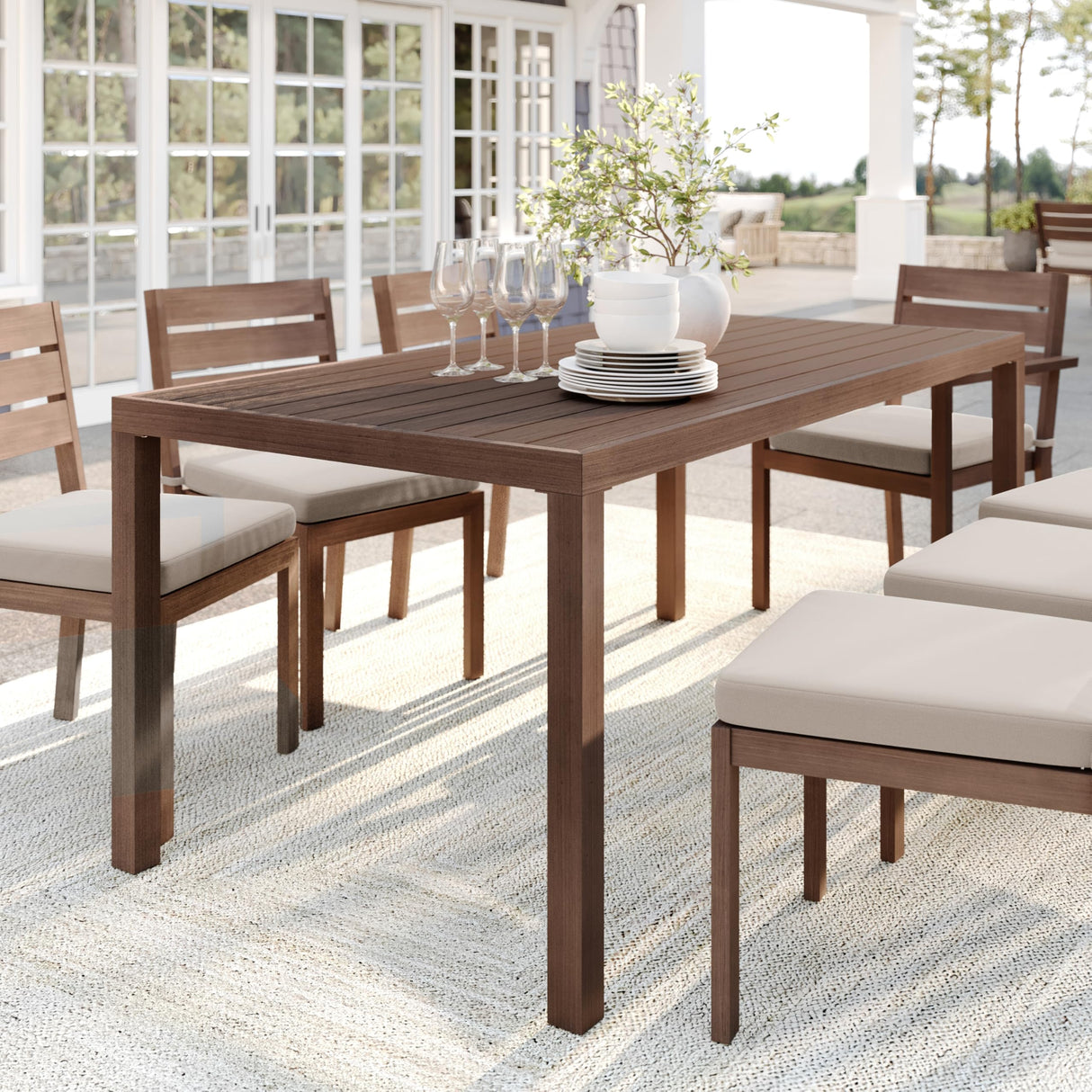 Bedford 70" Aluminum Patio Dining Table with Umbrella Hole - Brushed Woodgrain Finish