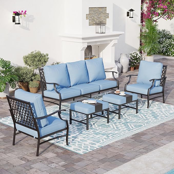 5 Piece Metal Outdoor Patio Furniture Set, Patio Conversation Sets 1 3-Seater Sofa