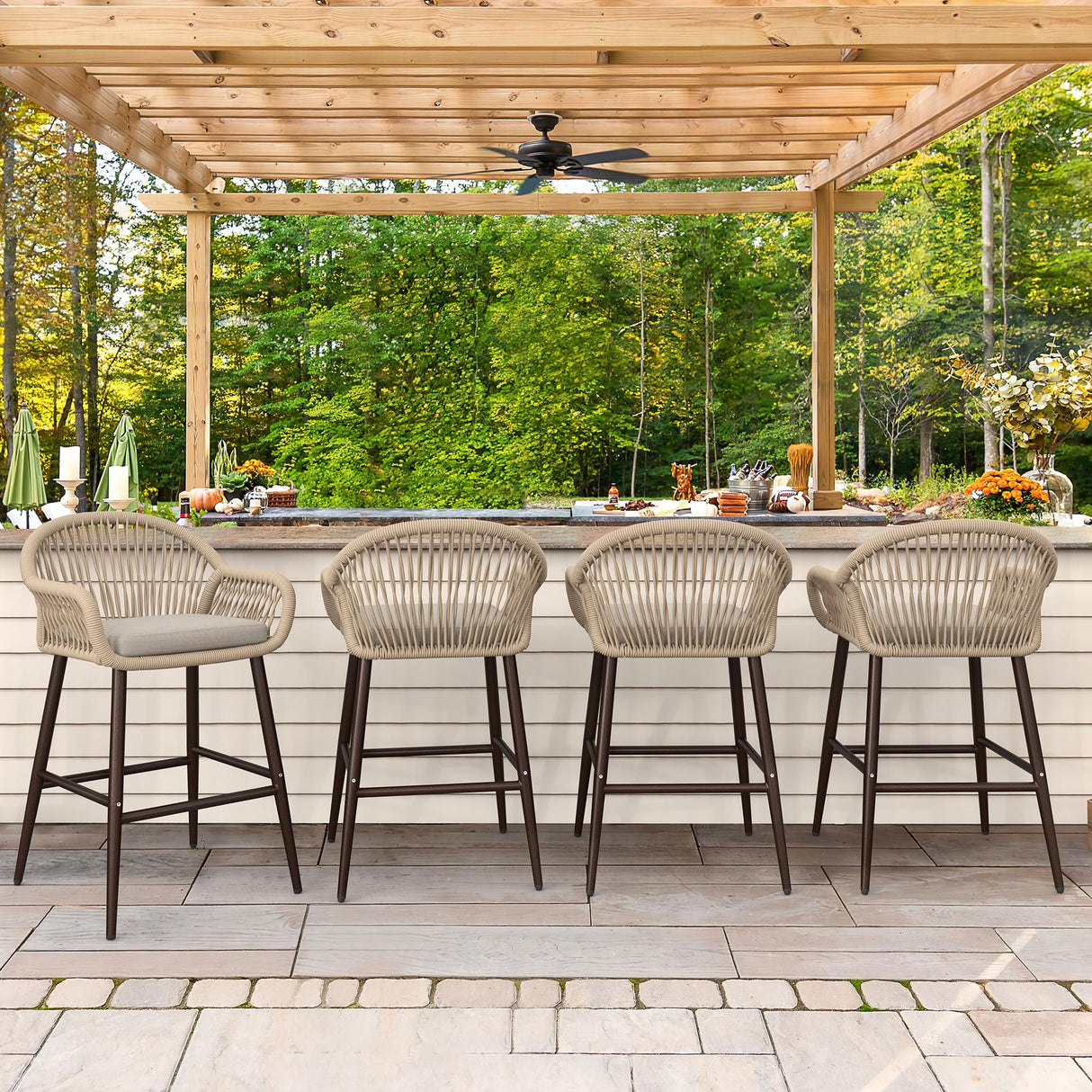 Outdoor Bar Stools Set of 4, 26.8" H Rattan Outdoor Counter Height Bar Stools