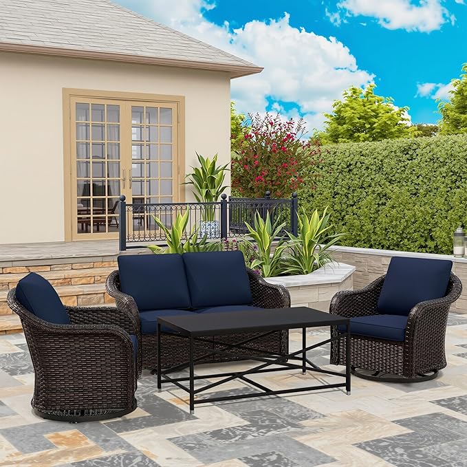 4 Pieces Outdoor Patio Conversation Furniture Set - 55" PE Rattan Sofa | Coffee Table