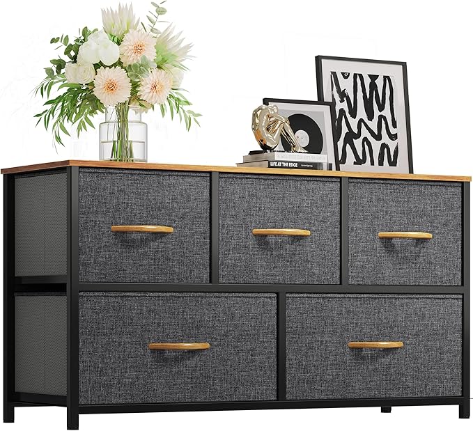 Wide Storage Tower with 5 Drawers - Fabric Dresser, Organizer Unit for Bedroom