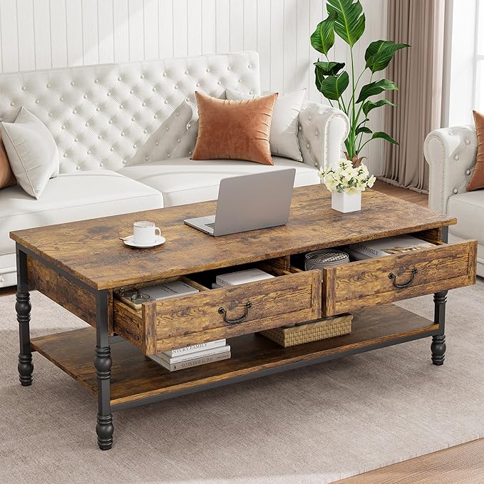 Coffee Table with Drawers 41" Wooden Coffee Table with Storage Rectangular Cocktail