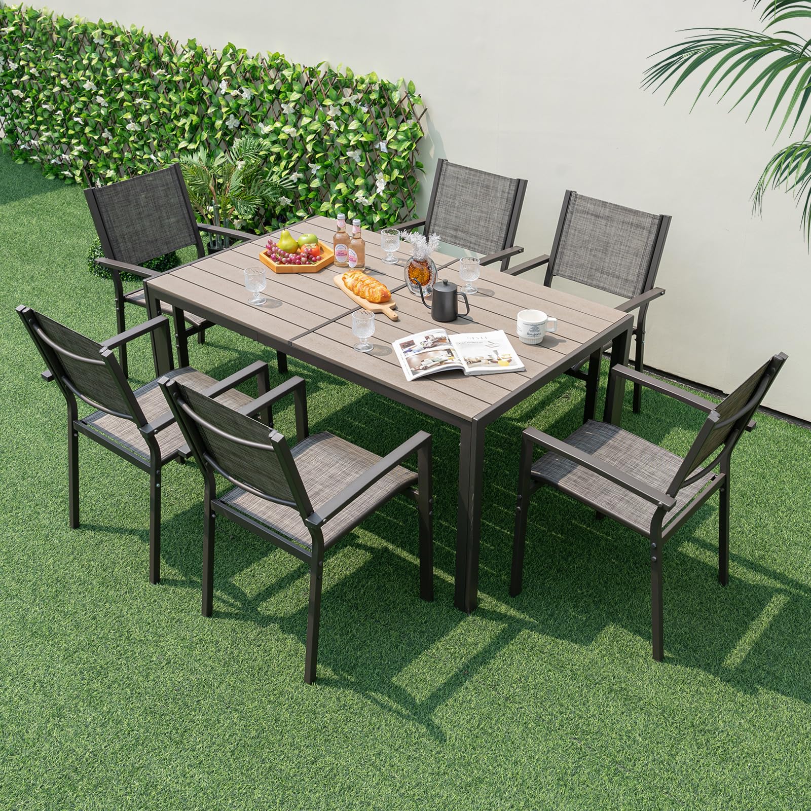 7 Piece Outdoor Dining Set, Patio Furniture Set w/ 6 Stackable Chairs & Large Rectangle Table