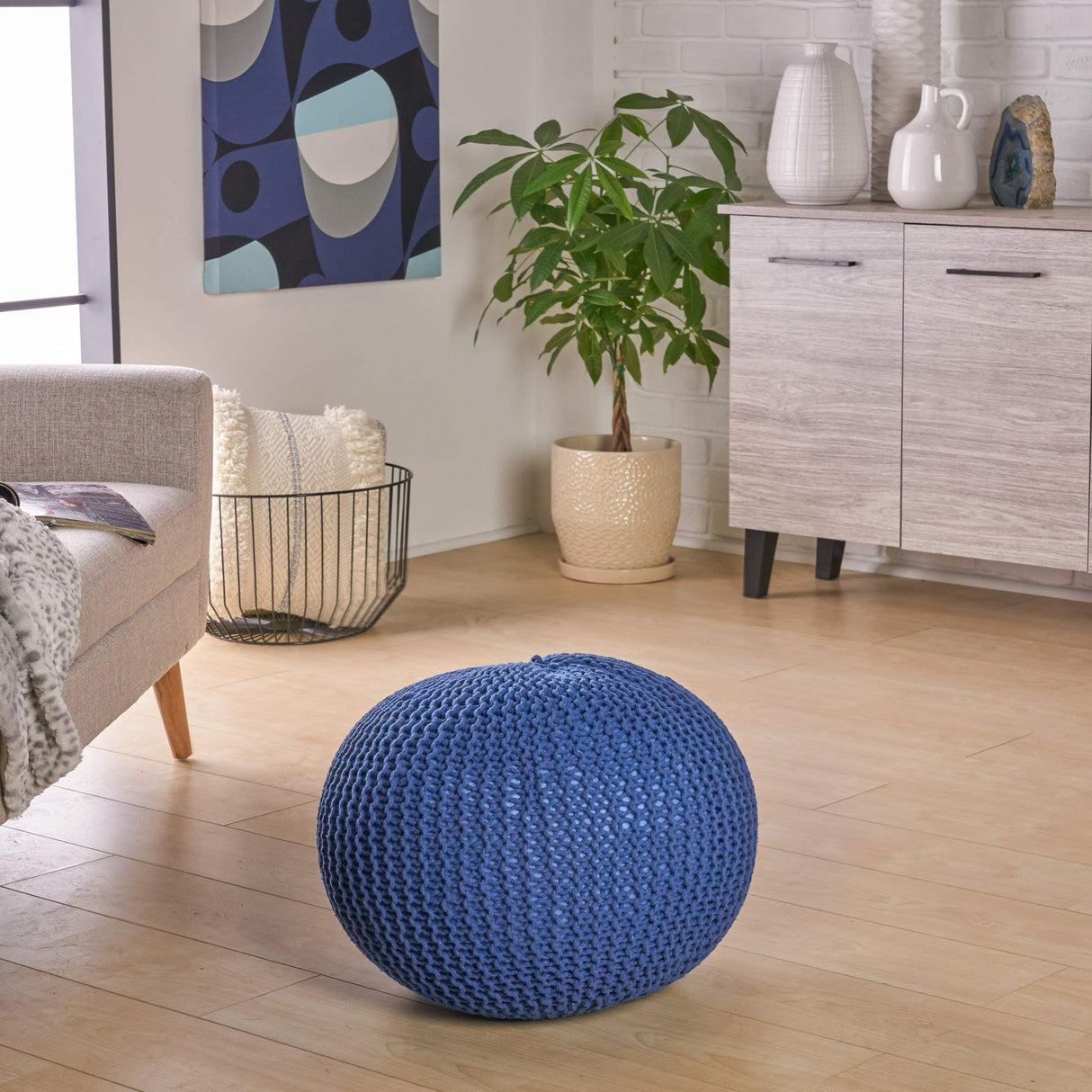 Christopher Knight Home Belle Knitted Cotton Pouf, Navy