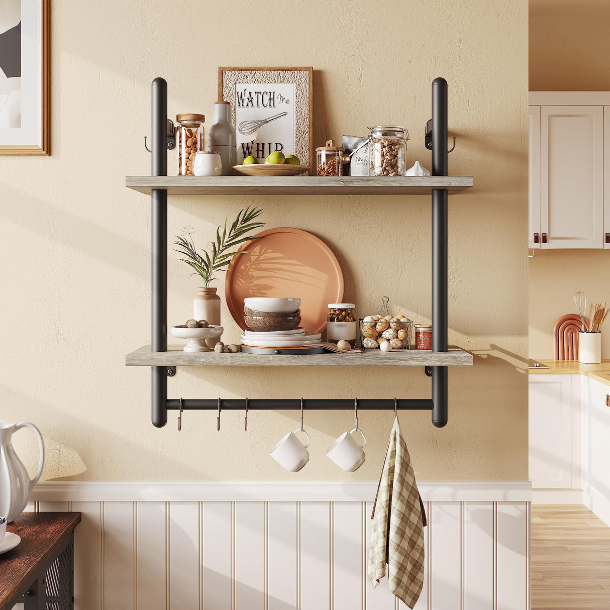 Floating Pipe Shelving Kitchen Shelves 3 Tier & 2 Tier Bundle, Retro Grey Oak-Light