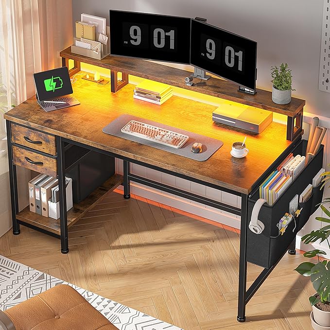 48" Computer Desk with LED Strip, Gaming Desk with Drawers & Storage Bag