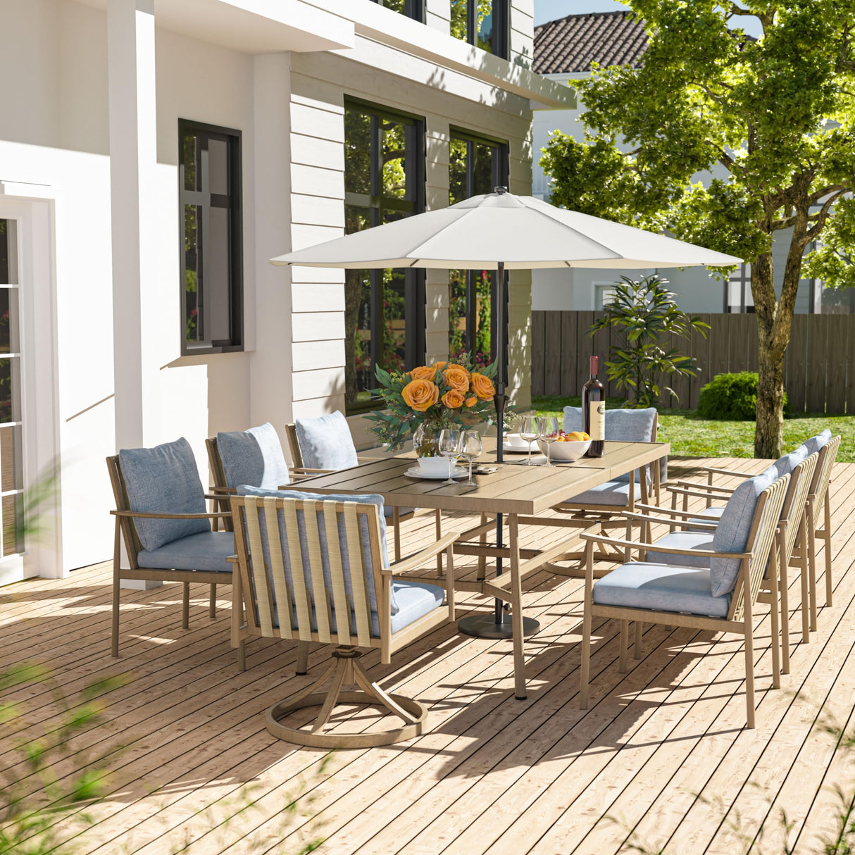 Large Rectangle Outdoor Dining Table for 8 with Umbrella Hole