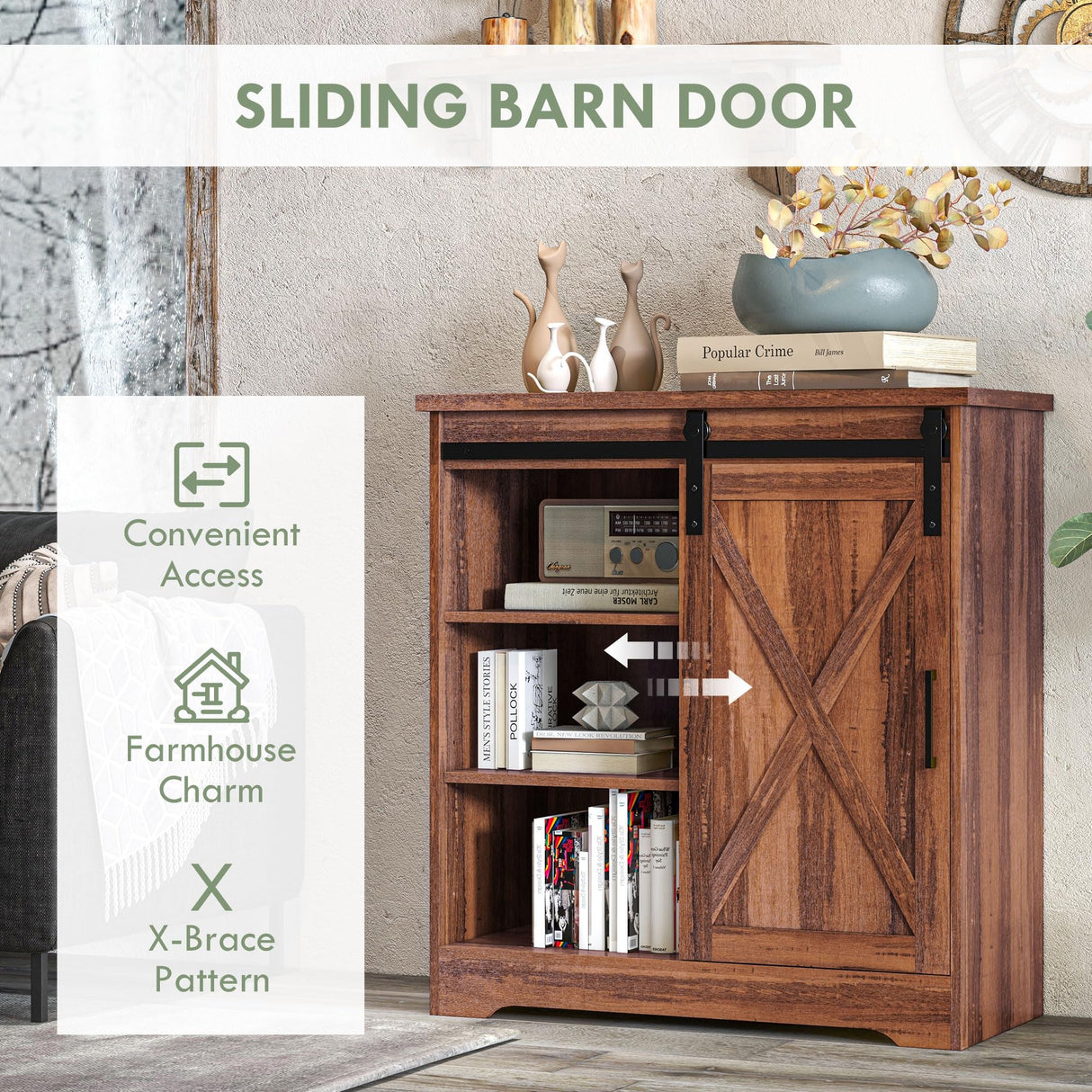 Farmhouse Coffee Bar Cabinet, 33" Buffet Sideboard with Sliding Barn Door and Adjustable Shelf, Kitchen Buffet Cabinet, Brown