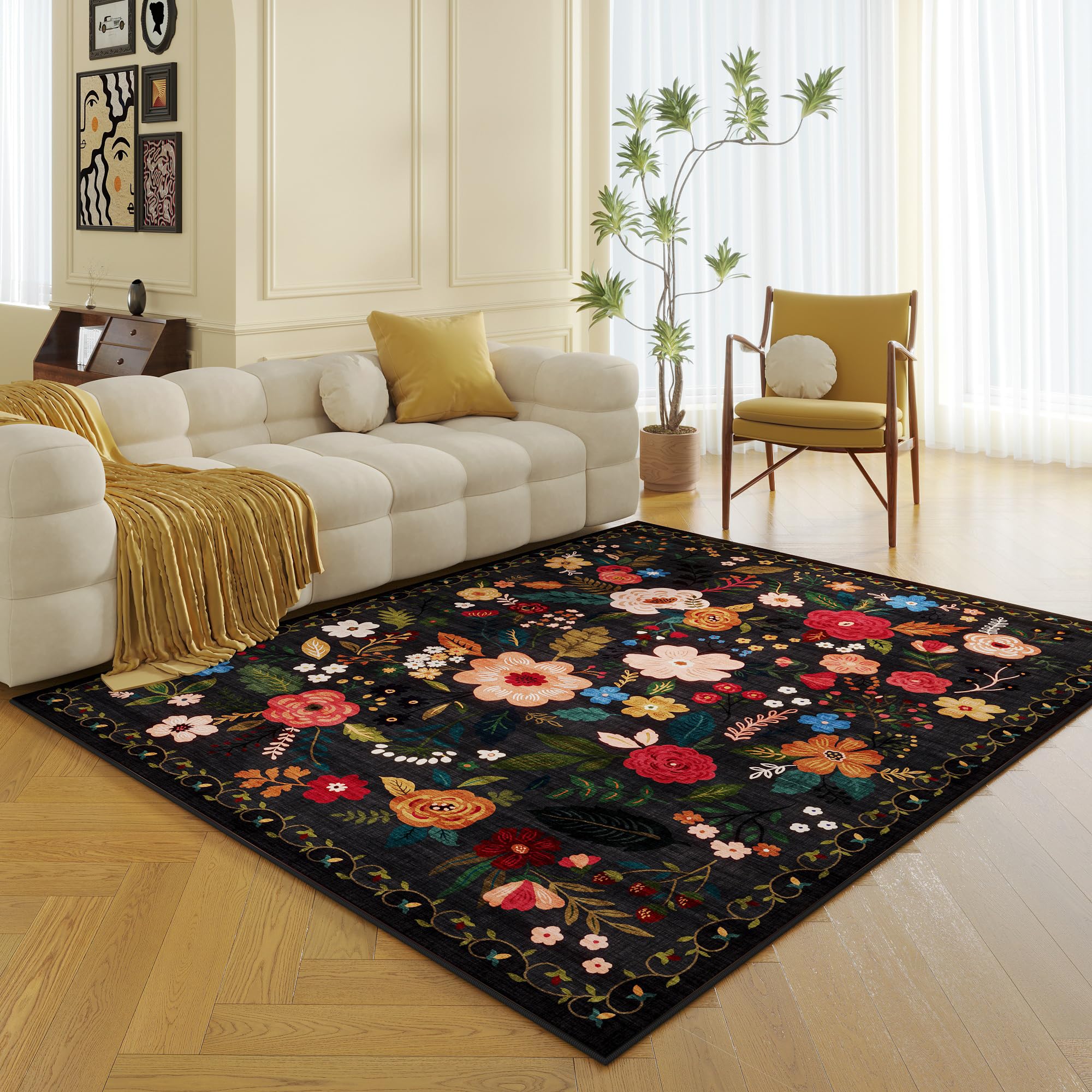 Living Room Rug 5x7 Rug Machine Washable Boho Area Rug Non Slip Floral