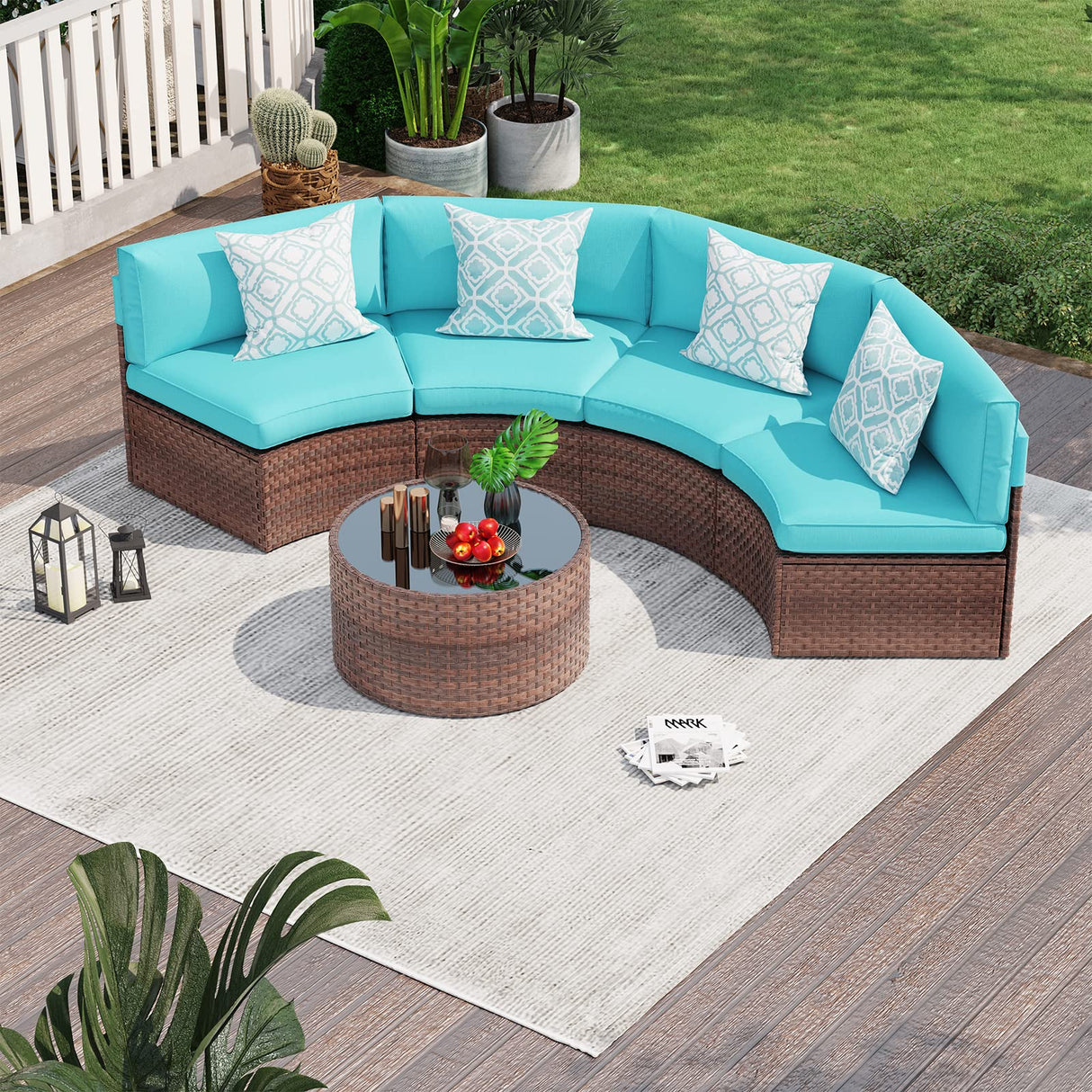 5 Piece Patio Furniture Set Half-Moon Outdoor All-Weather Wicker Sofa with Coffee Table