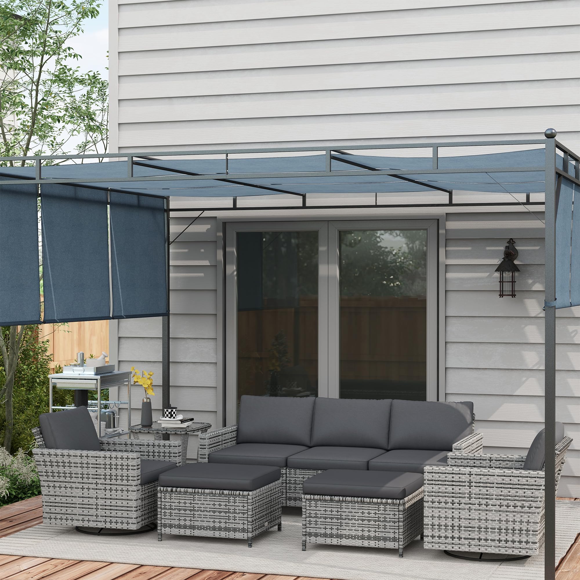 6 Piece Patio Furniture Set with Rattan 3-Seater Sofa, Swivel Rocking Chairs, Footstools