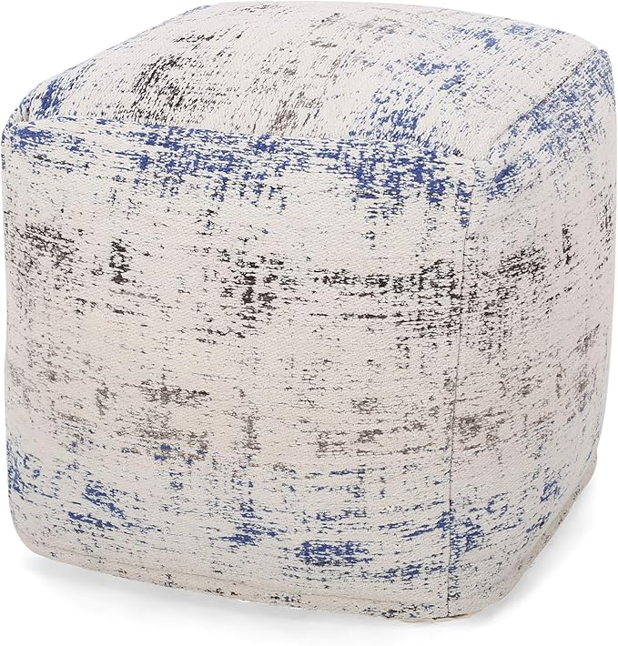 Hannah Hand-Loomed Boho Fabric Cube Pouf, Teal, Beige