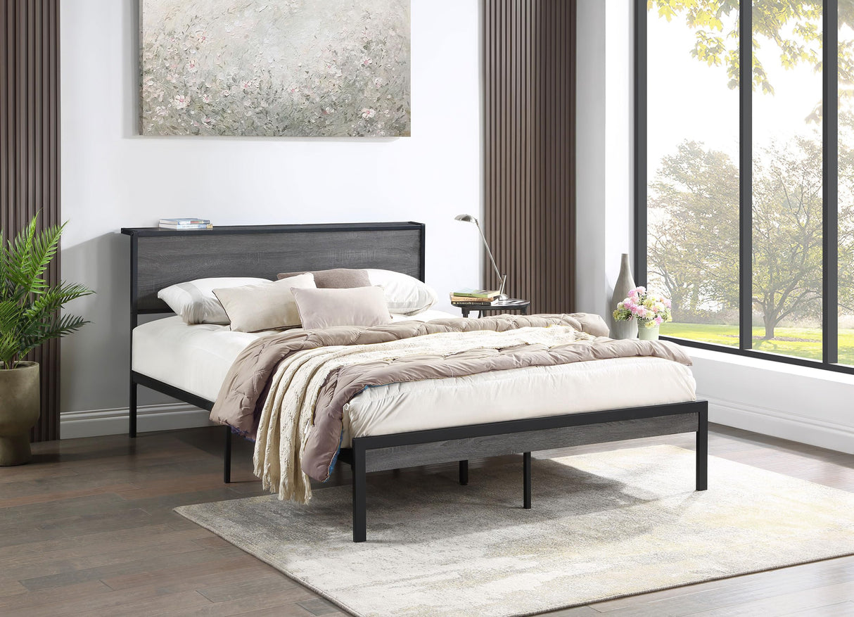 Ricky Rustic Wood Full Size Panel Bed Frame Platform Bed 38-inch Headboard Grey